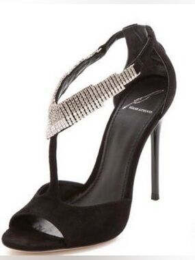 Brian Atwood Floretto Black Suede Rhinestone Detail T Strap Heels Size 8.5
